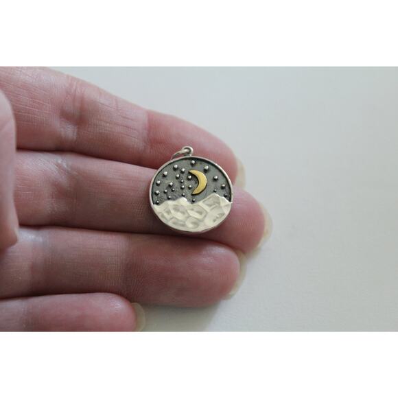 Sterling Silver Mountain Pendant with Bronze Moon Charm - Picture 1 of 4